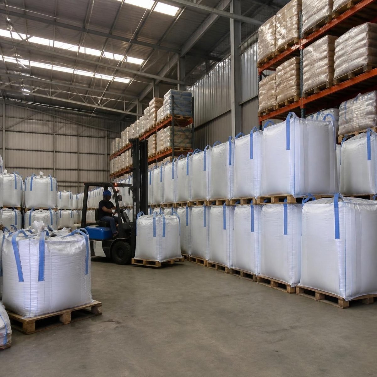 Armazém de insumos com big bags empilhados e empilhadeira em operação