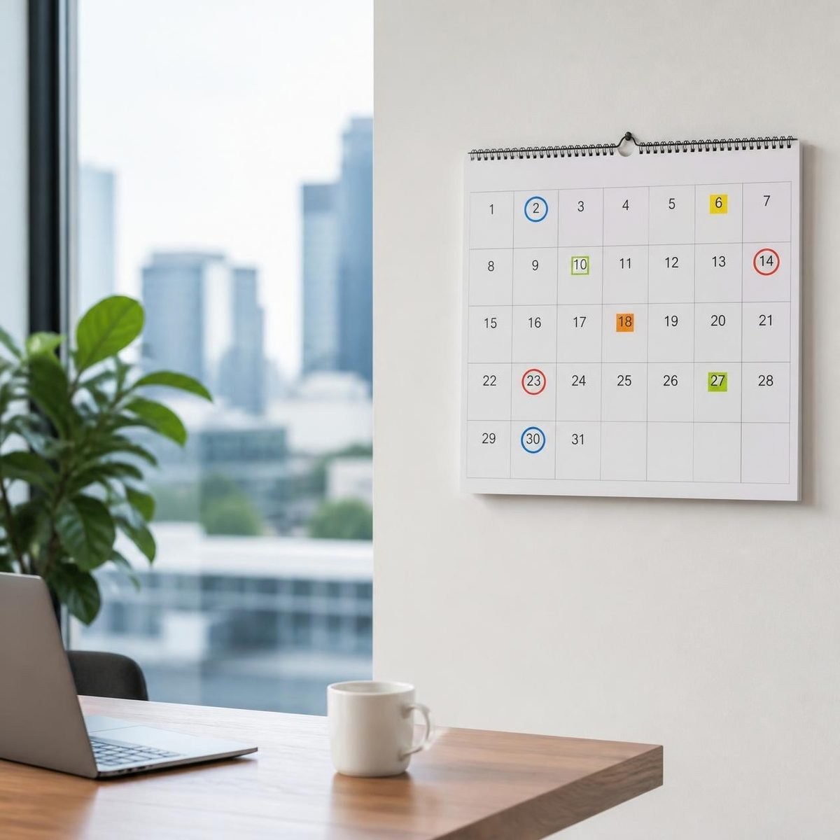 Calendário de parede com dias marcados, ao lado de uma janela de escritório