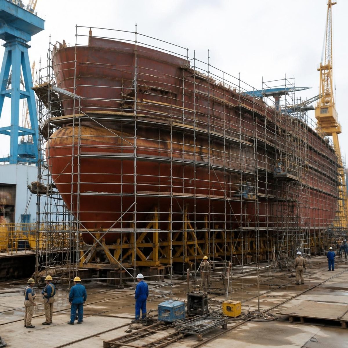 Casco de embarcação em construção, cercado de andaimes, num estaleiro