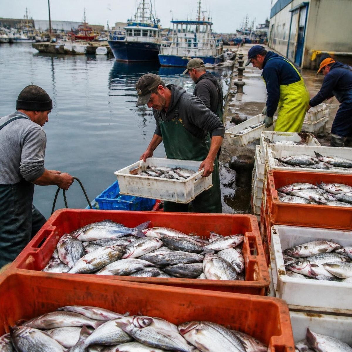 Descarga de pescado em cais, com caixas de peixe e embarcações de pesca atracadas