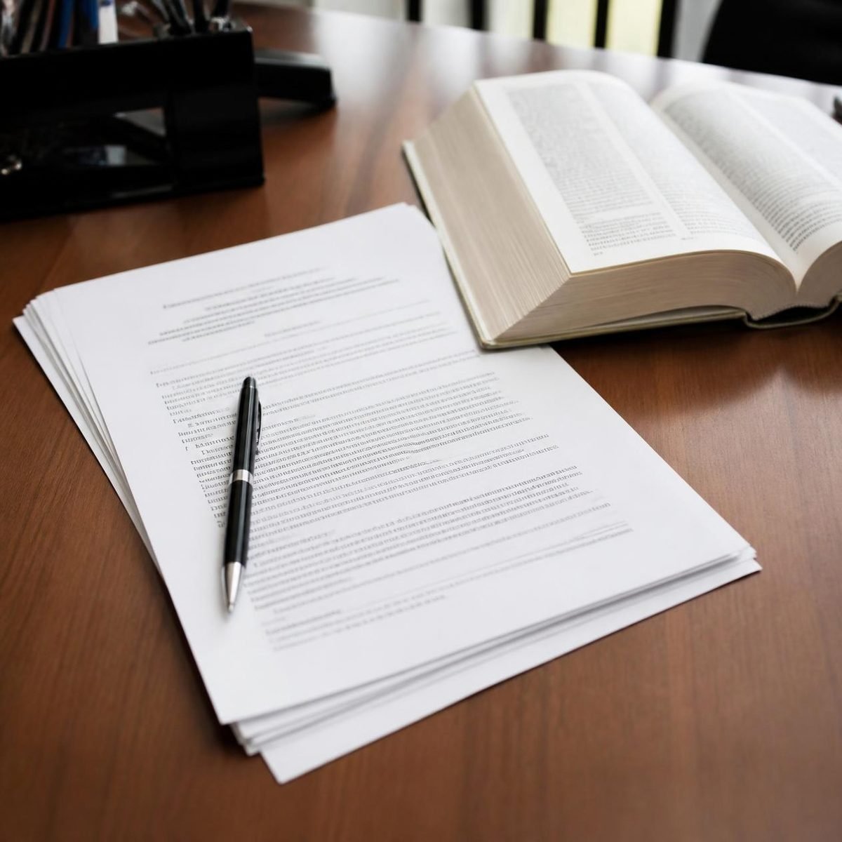 Documento impresso e livro aberto sobre a mesa de trabalho