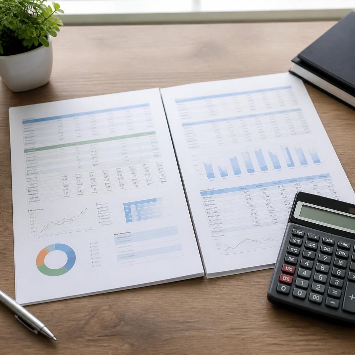 Dois demonstrativos abertos lado a lado e uma calculadora sobre a mesa