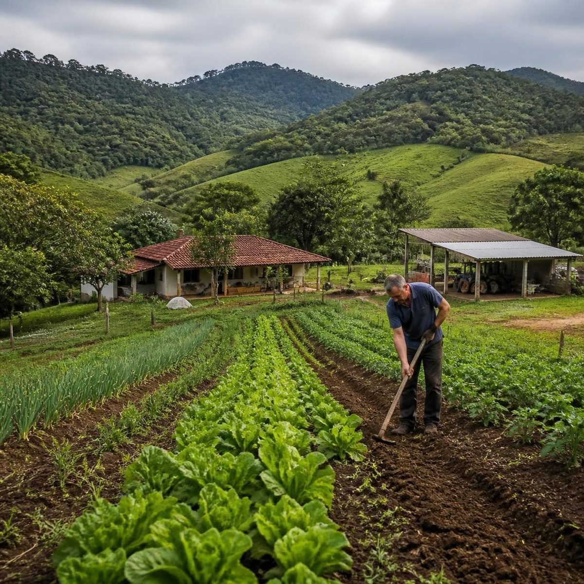 Produtor trabalhando na horta, com a casa e os morros ao fundo