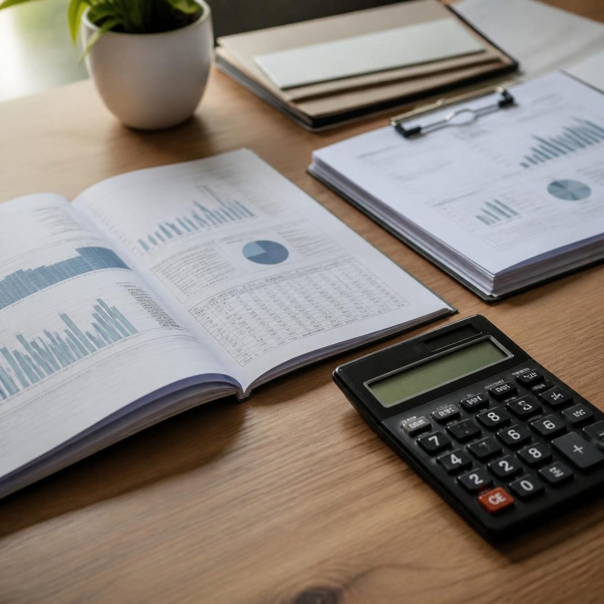 Relatório aberto, prancheta e calculadora sobre a mesa