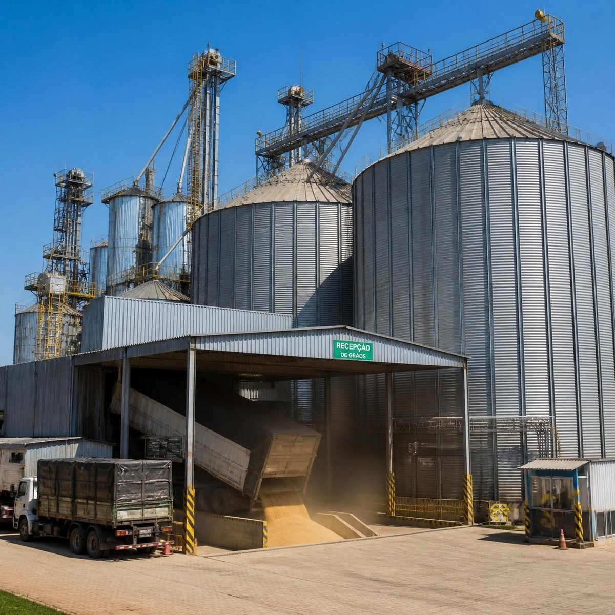 Silos e recepção de grãos, com um caminhão descarregando