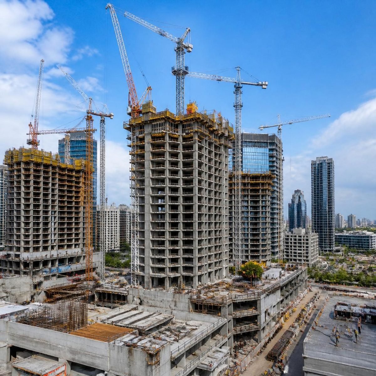 Torres residenciais em construção com gruas